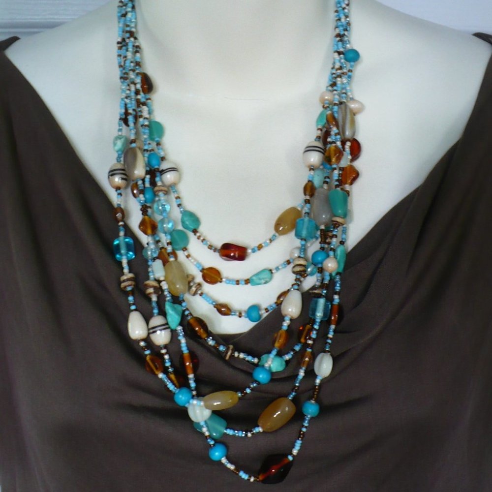 7 Strand Glass Bead Natural Stone Necklace Blue Brown Cream Shades